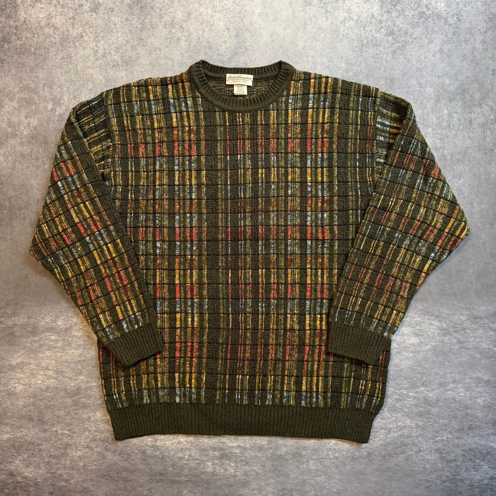 Vintage Norm Thompson Wool Blend Crewneck Sweater Mens XL Green Plaid Knit
